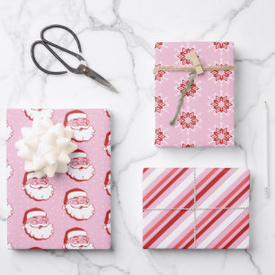 Feuille De Papier Cadeau Père Noël rétro, Snowflakes & Stripes en rose