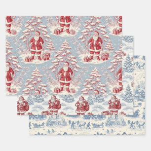 Feuille De Papier Cadeau Père Noël rouge et bleu Toile Chinoiserie