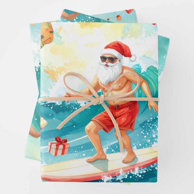 Feuille De Papier Cadeau Père Noël surfant  (En situation)