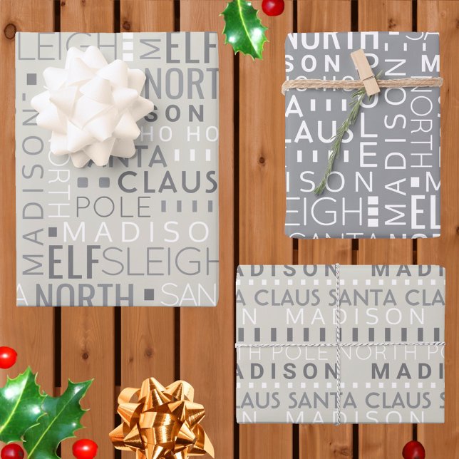 Feuille De Papier Cadeau Père Noël Typographie Chic Grey Enfants Nom Noël (Add your child's name to this chic gray Santa typography personalized Christmas wrapping paper)