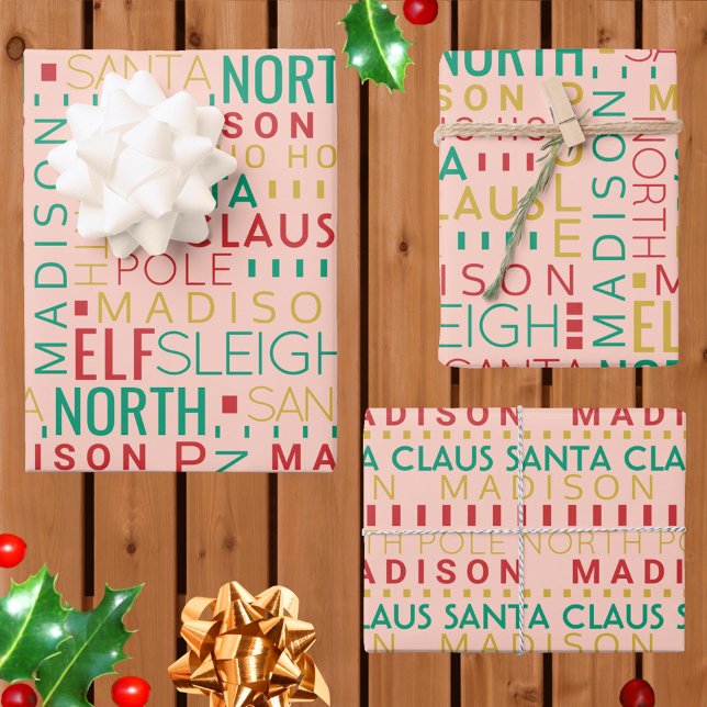 Feuille De Papier Cadeau Père Noël Typographie Rouge Vert Enfants Nom Noël (Kids love seeing their names printed on Christmas wrapping paper & this design is easy to customize)