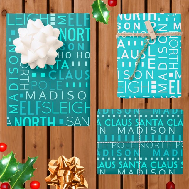 Feuille De Papier Cadeau Père Noël Typographie Turquoise Blue Kids Nom Noël (It's easy to add a name to this modern Santa typography Christmas wrapping paper in chic teal blue)