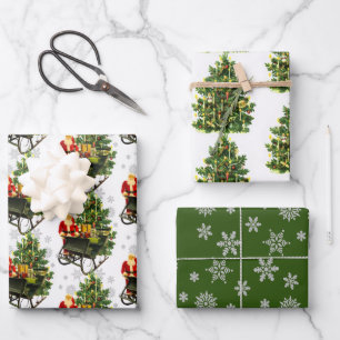 Feuille De Papier Cadeau Père Noël vintage arbre de Noël et flocons de neig