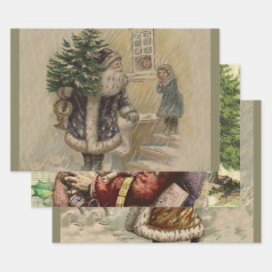 Feuille De Papier Cadeau Père Noël Vintage Neige Arbre de Noël