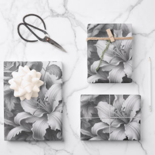 Feuille De Papier Cadeau Perfection florale noire et blanche