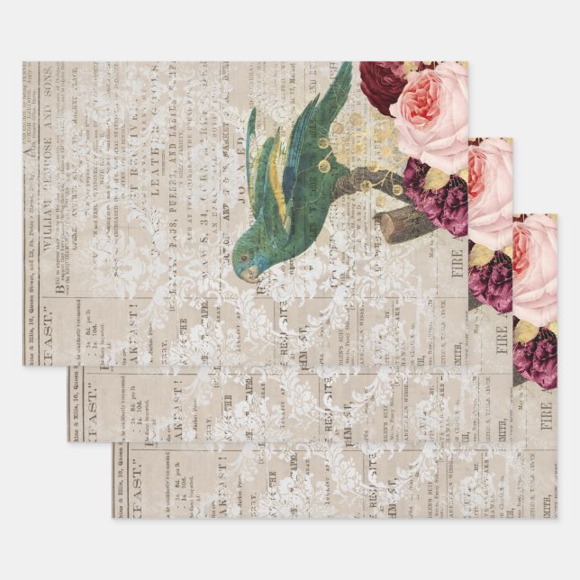 Feuille De Papier Cadeau Perroquet vert avec Roses dans un journal (Lot)