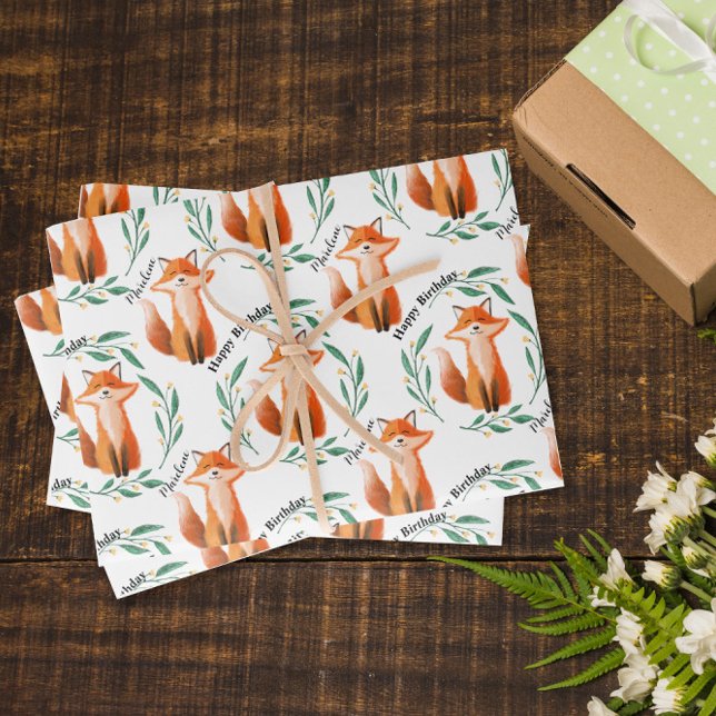 Feuille De Papier Cadeau Personalized Cute Fox woodland birthday (Créateur téléchargé)
