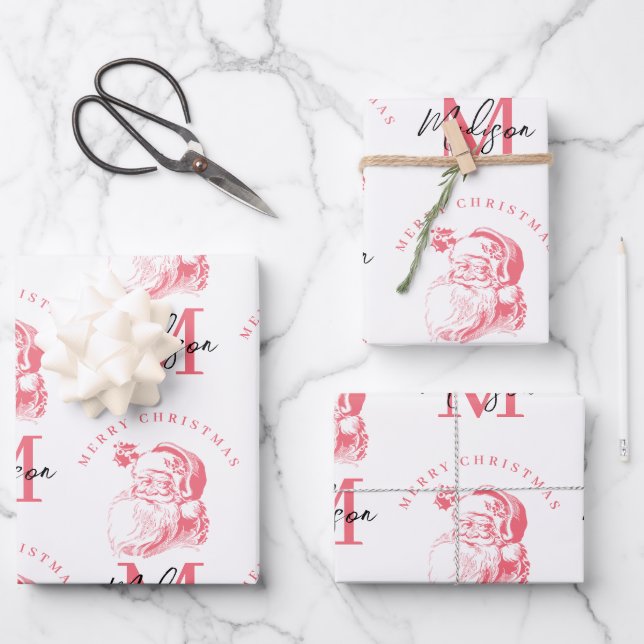 Feuille De Papier Cadeau Personalized Merry Christmas Pink Santa Monogram (Recto)