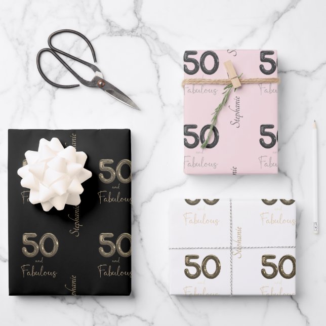 Feuille De Papier Cadeau Personnalisé 50 et Fabulous Black Blush White  (Recto)