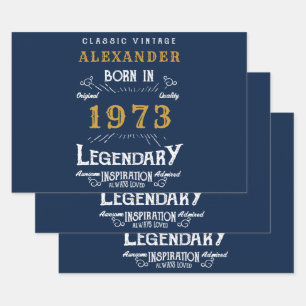 Feuille De Papier Cadeau Personnalisé 50e anniversaire Né 1973 Vintage bleu