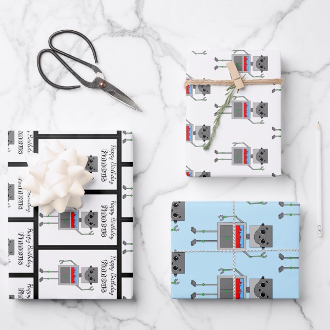 Feuille De Papier Cadeau Personnalisé Joyeux Anniversaire Robot Thème (Recto)