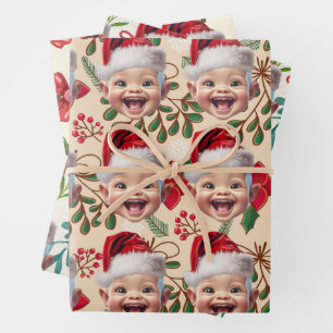Feuille De Papier Cadeau Personnalisé Visage bébé Père Noël Chapeau Photo d