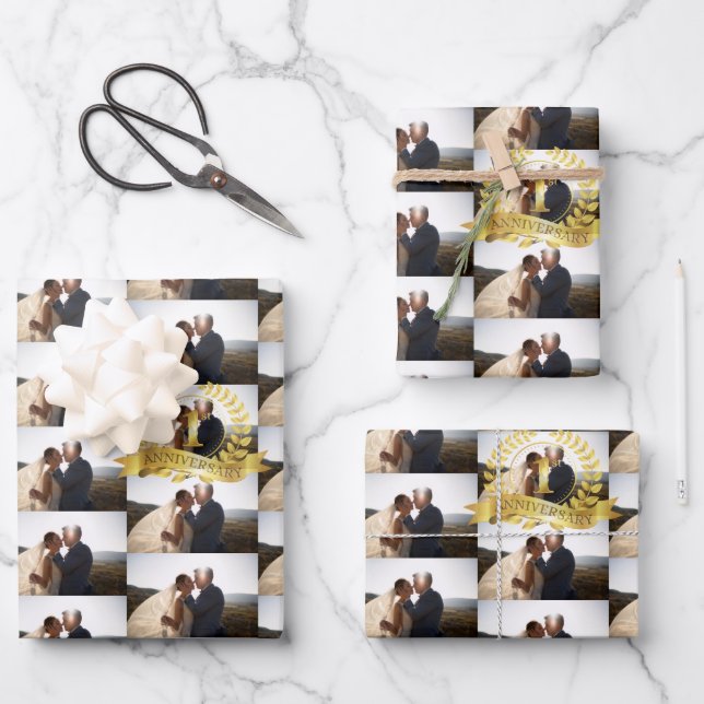 Feuille De Papier Cadeau Personnaliser 1er Anniversaire Photo Mariage Avec  (Recto)