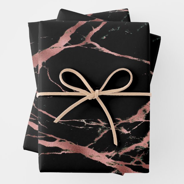 Feuille De Papier Cadeau Personnaliser de luxe en marbre noir rose (En situation)
