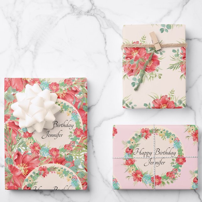 Feuille De Papier Cadeau Personnaliser Nom Fleur Wreath 3 Printemps Anniver (Créateur téléchargé)