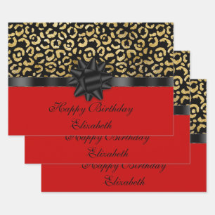 Feuille De Papier Cadeau Personnaliser Rouge Noir Or Imprimé Léopard Élégan