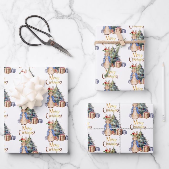 Feuille De Papier Cadeau Peter le lapin Joyeux sapin de Noël (Recto)