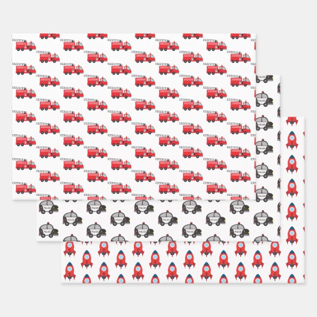 Feuille De Papier Cadeau Petit Boy Vehicle : voiture de police, camion de p (Lot)