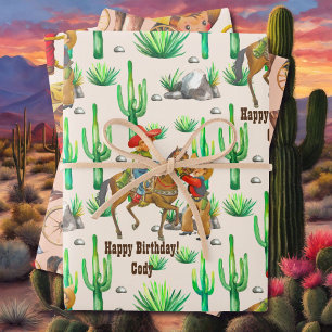 Feuille De Papier Cadeau Petit Buckaroo Cowboy Nom du garçon Anniversaire 3