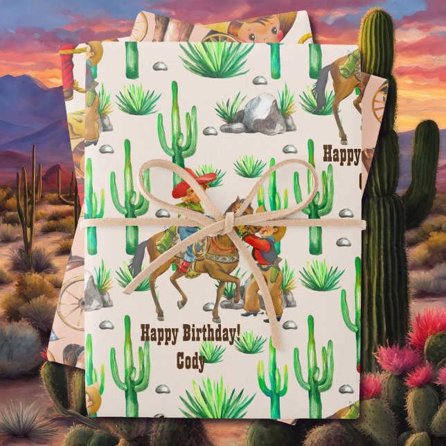 Feuille De Papier Cadeau Petit Buckaroo Cowboy Nom du garçon Anniversaire 3 (Créateur téléchargé)