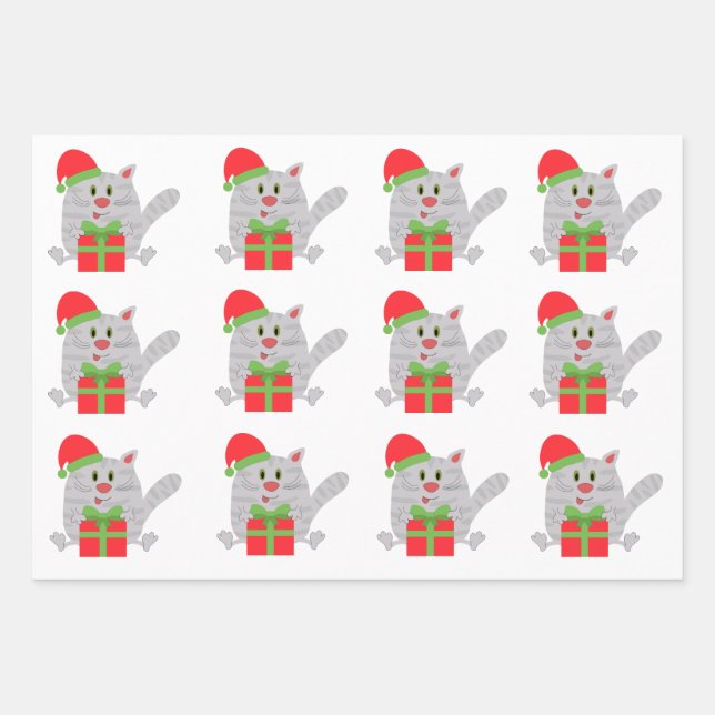 Feuille De Papier Cadeau Petit chat avec cadeau de Noël (Devant)