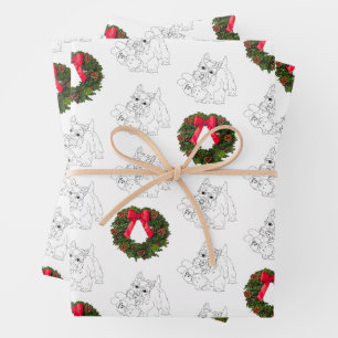 Feuille De Papier Cadeau Petit chien Scottie avec couronne de Noël