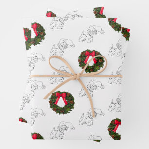 Feuille De Papier Cadeau Petit chien Scottie avec couronne de Noël