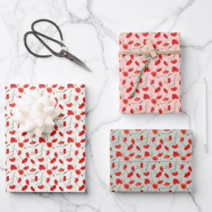 Feuille De Papier Cadeau Petit coquelicot rouge élégant et floral vert à l'