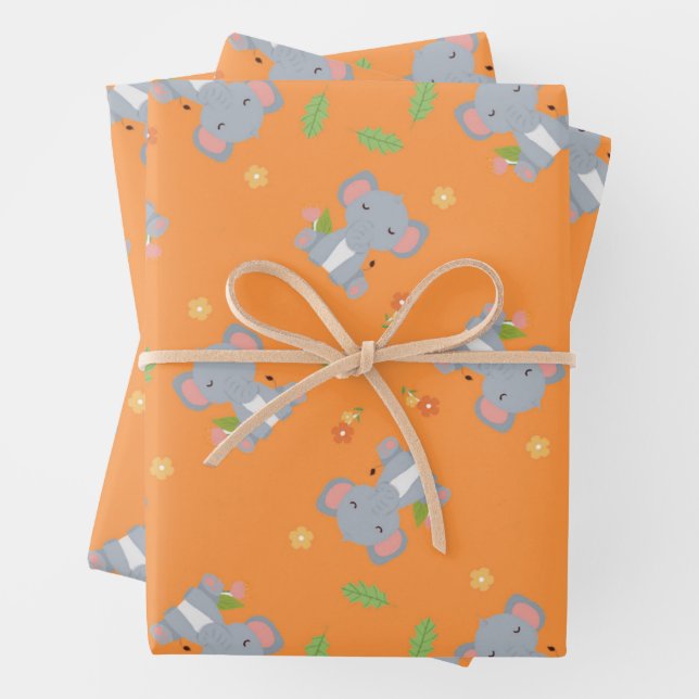 Feuille De Papier Cadeau Petit éléphant mignon avec fleurs orange (En situation)