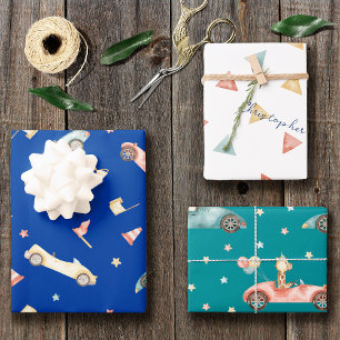 Feuille De Papier Cadeau Petit Garçon Racing Voiture Aquarelle Motif Annive