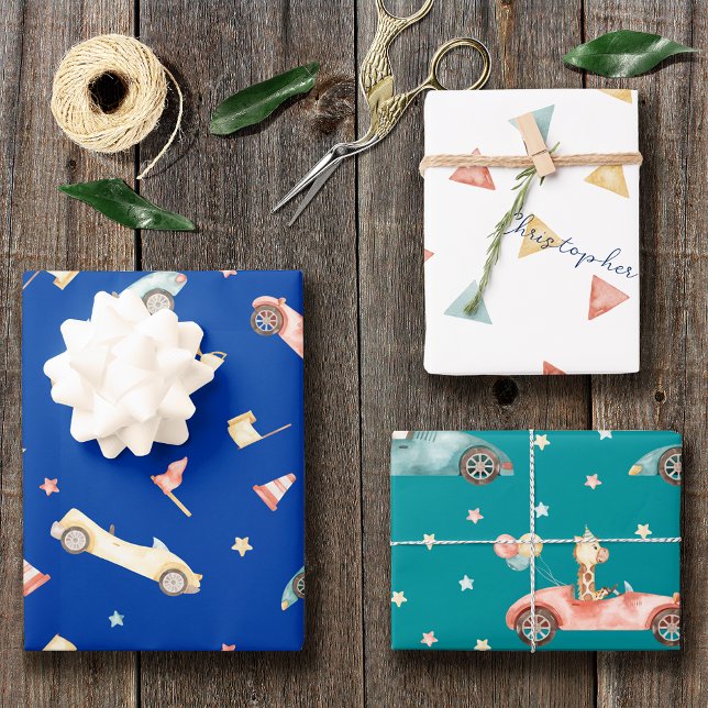 Feuille De Papier Cadeau Petit Garçon Racing Voiture Aquarelle Motif Annive (Créateur téléchargé)