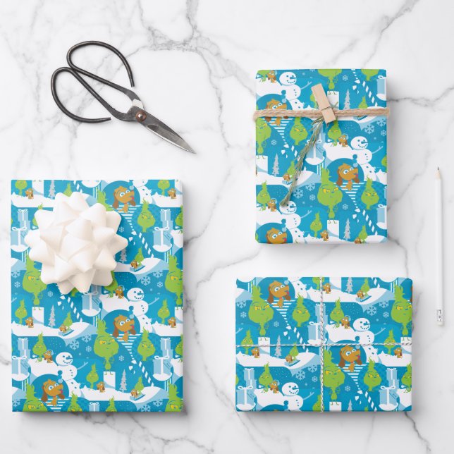 Feuille De Papier Cadeau Petit Grinch | Joyeux Motif Turquoise Grinchmas (Recto)