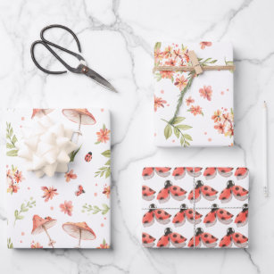 Feuille De Papier Cadeau Petit Ladybug Floral Aquarelle Pack trois