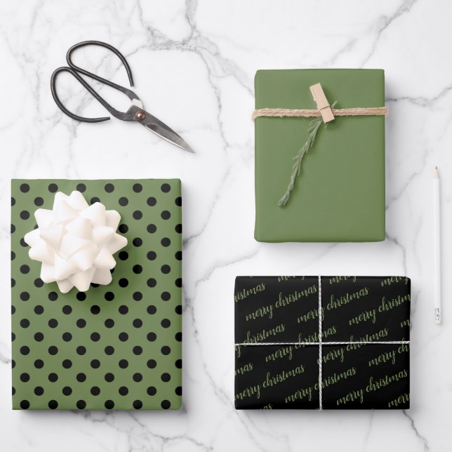 Feuille De Papier Cadeau Petit Polka vert noir Joyeux Noël (Recto)