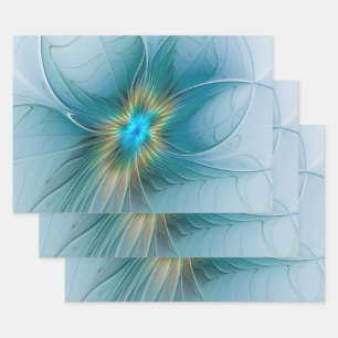 Feuille De Papier Cadeau Petite Beauté Moderne Bleu Or Fractal Art Flower