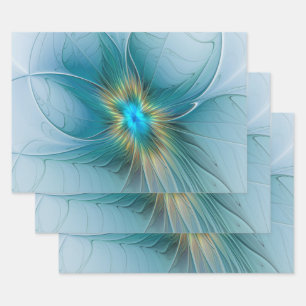 Feuille De Papier Cadeau Petite Beauté Moderne Fleur d'Art Fractal Bleu Or