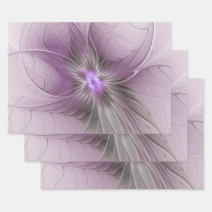 Feuille De Papier Cadeau Petite Beauté Moderne Gris Mauve Art Fractal Fleur