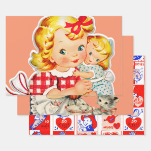 Feuille De Papier Cadeau Petite fille retro vintage poupée