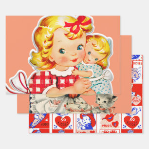 Feuille De Papier Cadeau Petite fille rétro vintage poupée enfant
