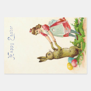 Feuille De Papier Cadeau Petite fille vintage Danse avec lapin Oeuf de Pâqu