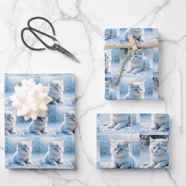 Feuille De Papier Cadeau Petits chatons blancs à Noël de neige (Recto)