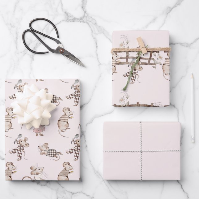 Feuille De Papier Cadeau Petits Souris Brun Actifs Bébé (Recto)