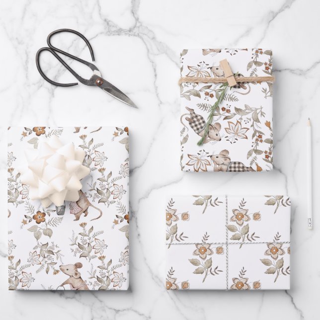 Feuille De Papier Cadeau Petits Souris Brun Actifs Bébé (Recto)
