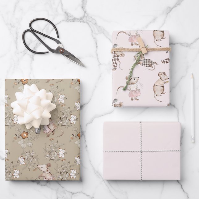 Feuille De Papier Cadeau Petits Souris Brun Actifs Bébé (Recto)