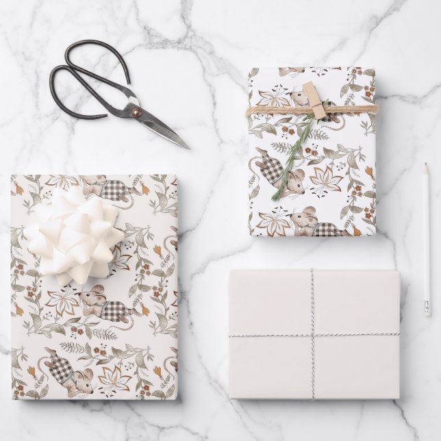 Feuille De Papier Cadeau Petits Souris Brun Actifs Bébé (Recto)