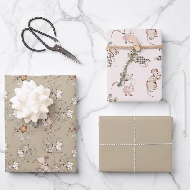 Feuille De Papier Cadeau Petits Souris Brun Actifs Bébé (Recto)