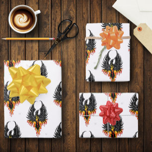 Feuille De Papier Cadeau Phénix Ardente Oiseau de Feu Tribal Noir Flammes