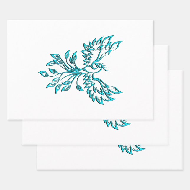 Feuille De Papier Cadeau Phoenix Bleu se lève sur fond Blanc (Lot)