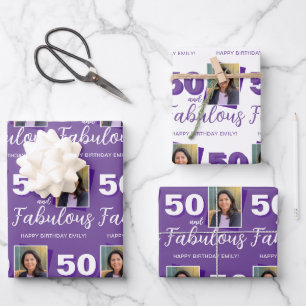Feuille De Papier Cadeau Photo 50 ans Violet et Fabuleux 50e Anniversaire