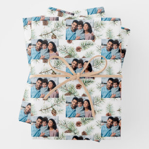 Feuille De Papier Cadeau Photo de famille de Noël pin blanc cône